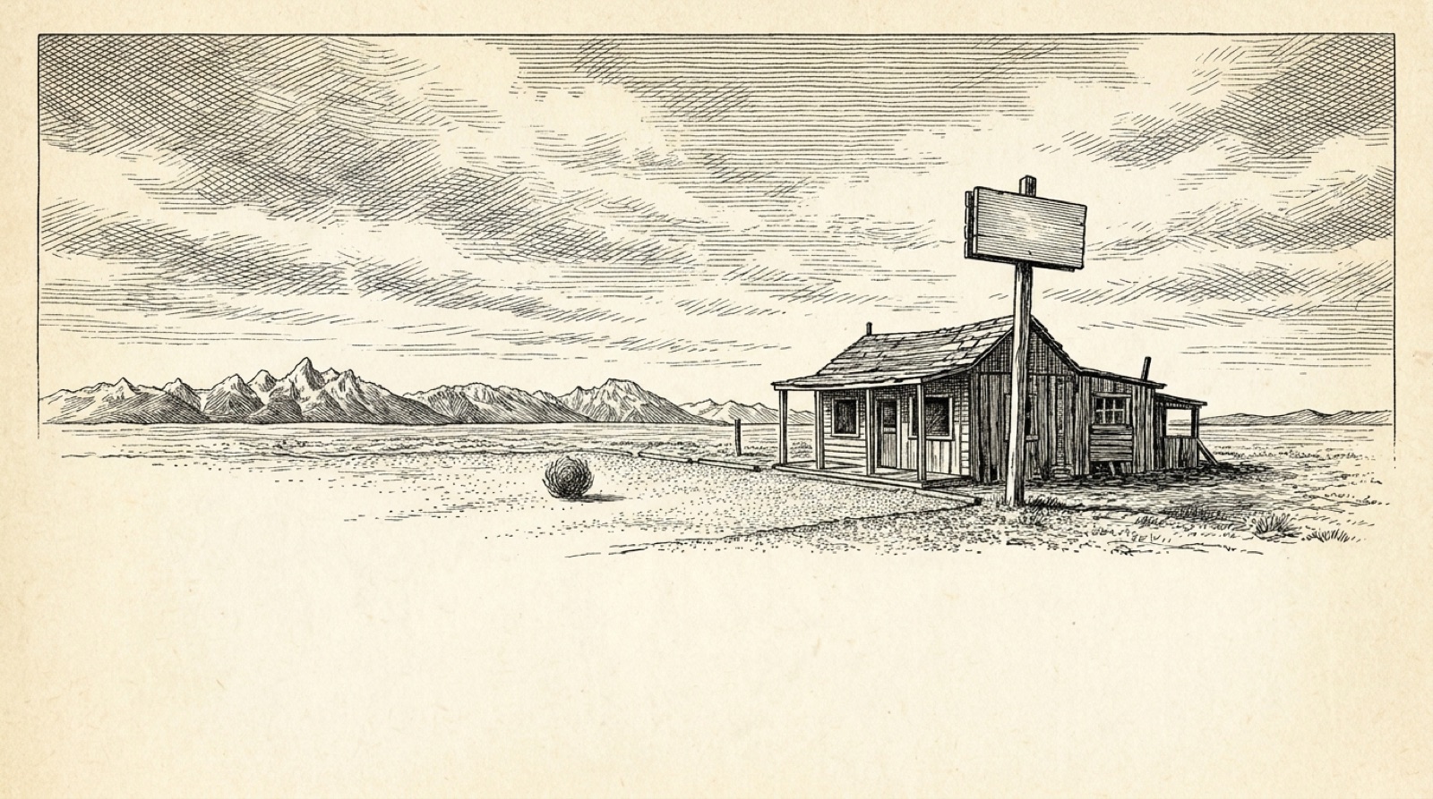 19th-century-style engraving of a lone roadside diner on the Colorado plain